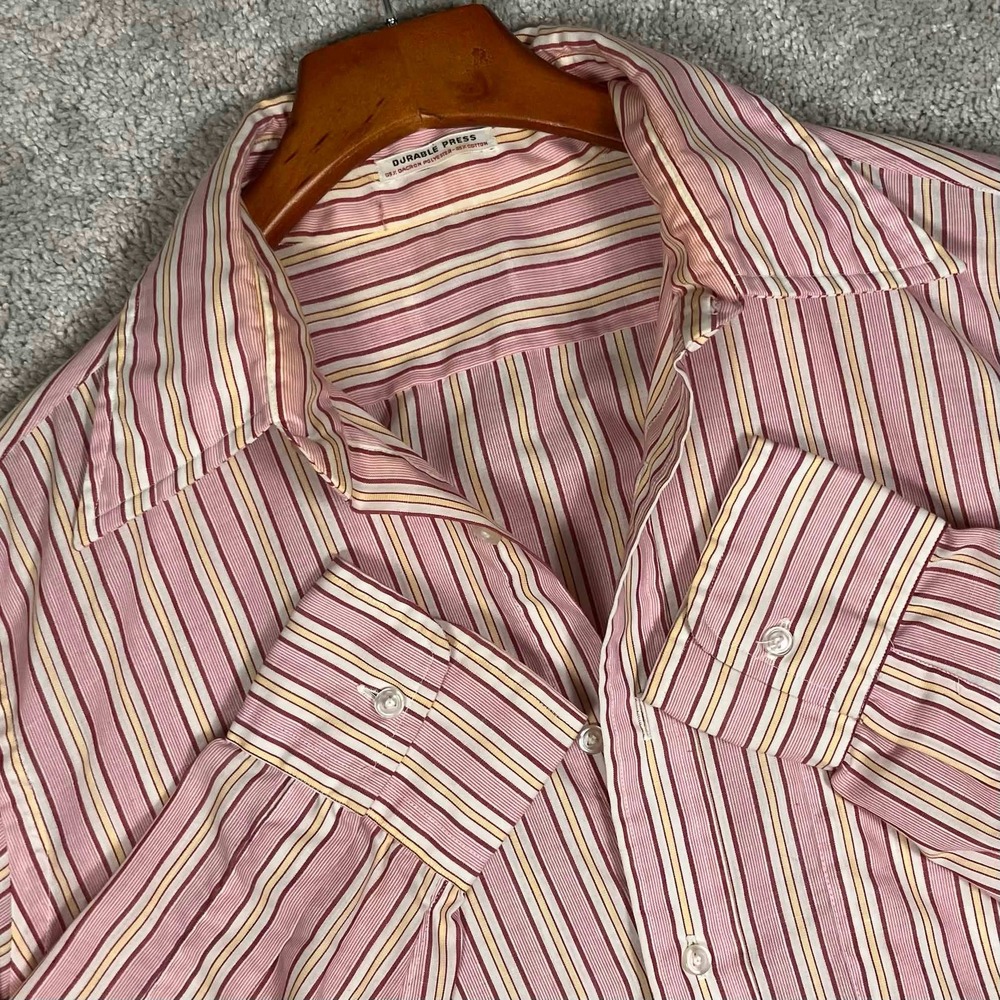 Vintage 70s Disco Shirt Mens Large Pink Striped Long Sleeve MCM Dacron Press